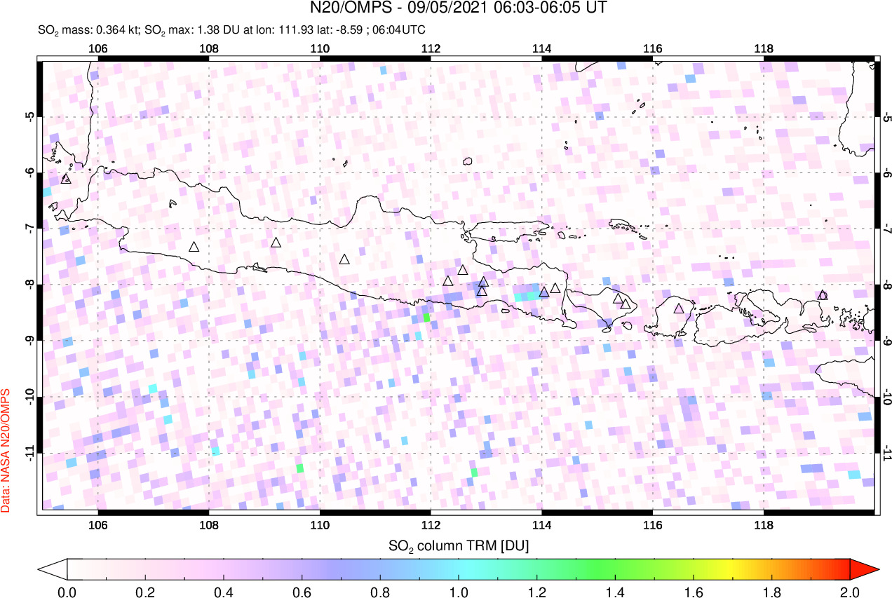 A sulfur dioxide image over Java, Indonesia on Sep 05, 2021.