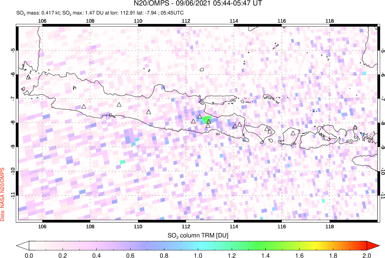 A sulfur dioxide image over Java, Indonesia on Sep 06, 2021.