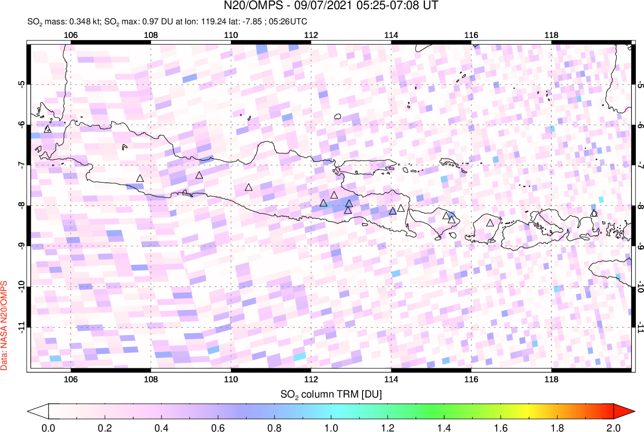 A sulfur dioxide image over Java, Indonesia on Sep 07, 2021.