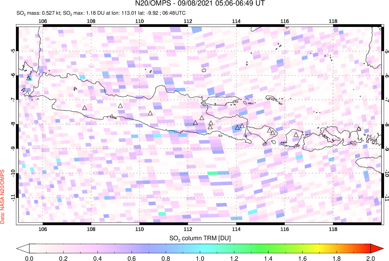 A sulfur dioxide image over Java, Indonesia on Sep 08, 2021.