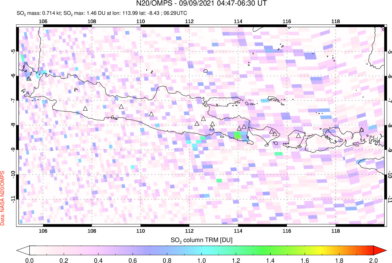 A sulfur dioxide image over Java, Indonesia on Sep 09, 2021.
