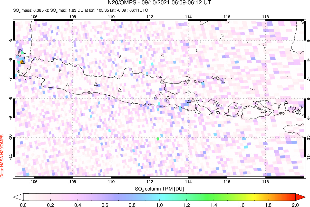 A sulfur dioxide image over Java, Indonesia on Sep 10, 2021.
