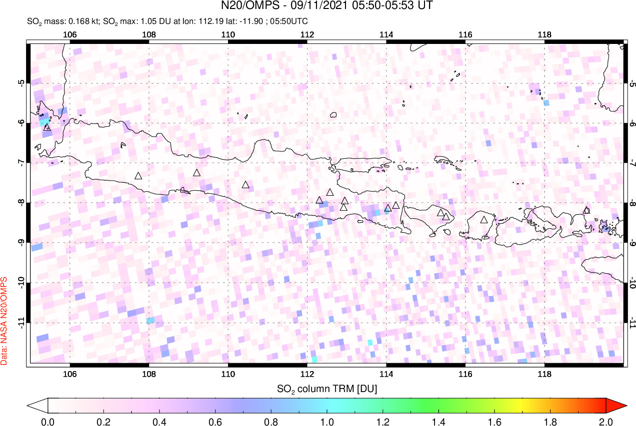 A sulfur dioxide image over Java, Indonesia on Sep 11, 2021.