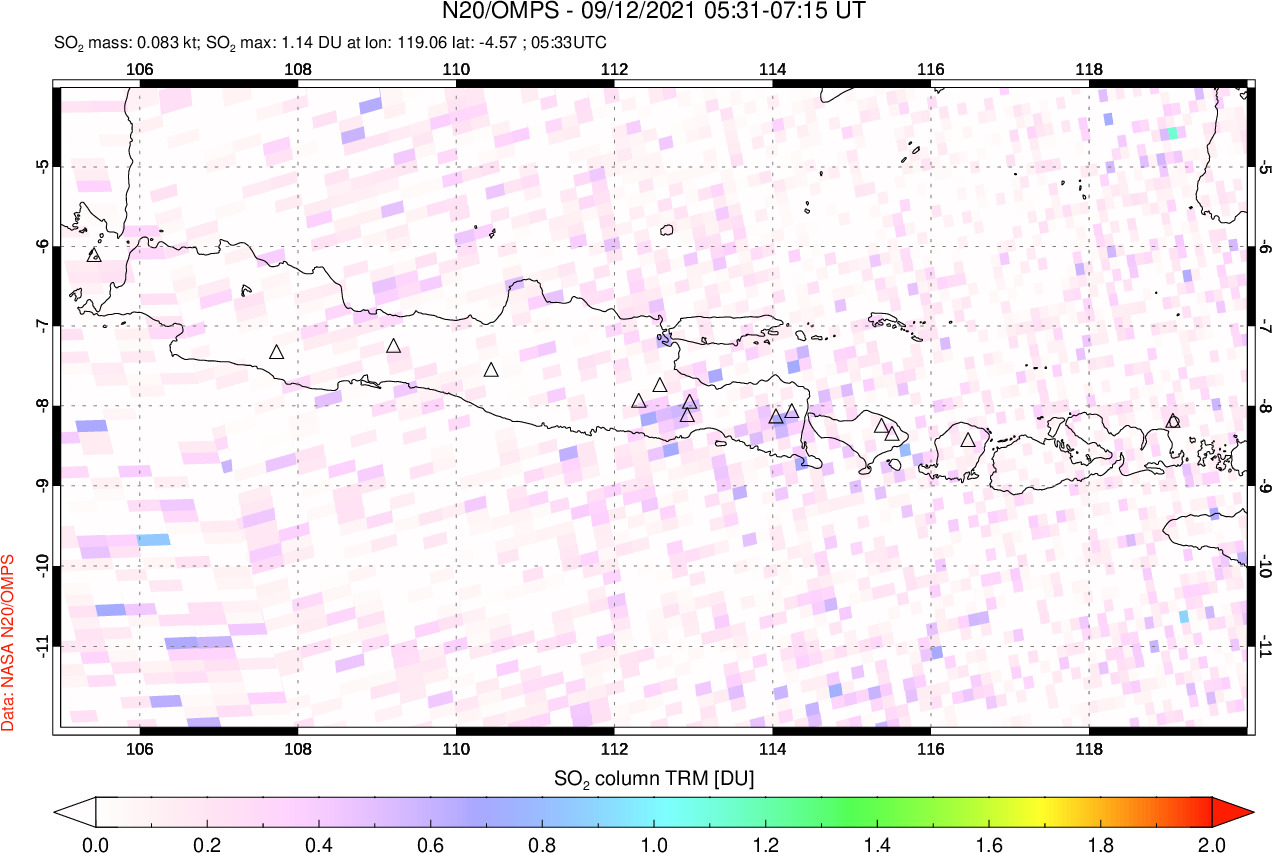 A sulfur dioxide image over Java, Indonesia on Sep 12, 2021.