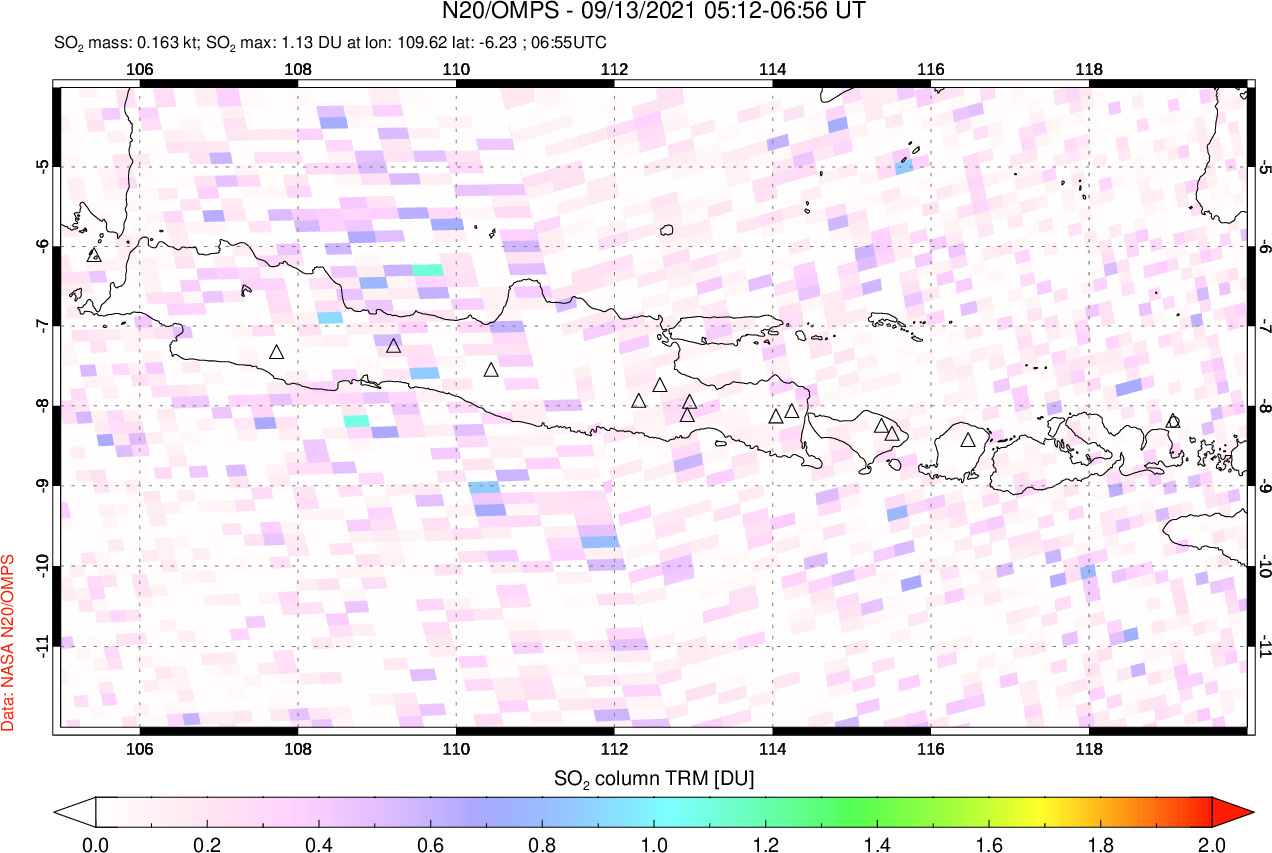 A sulfur dioxide image over Java, Indonesia on Sep 13, 2021.