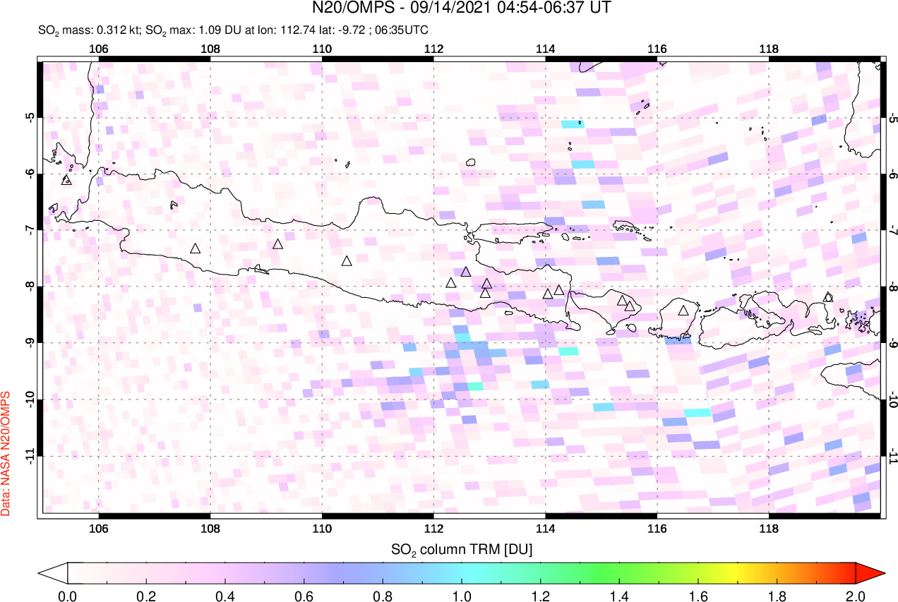 A sulfur dioxide image over Java, Indonesia on Sep 14, 2021.