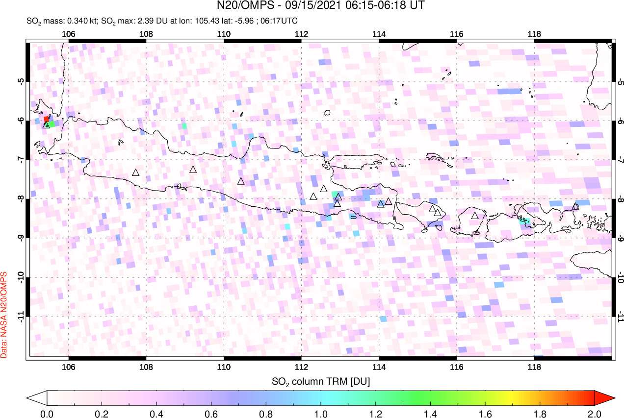 A sulfur dioxide image over Java, Indonesia on Sep 15, 2021.