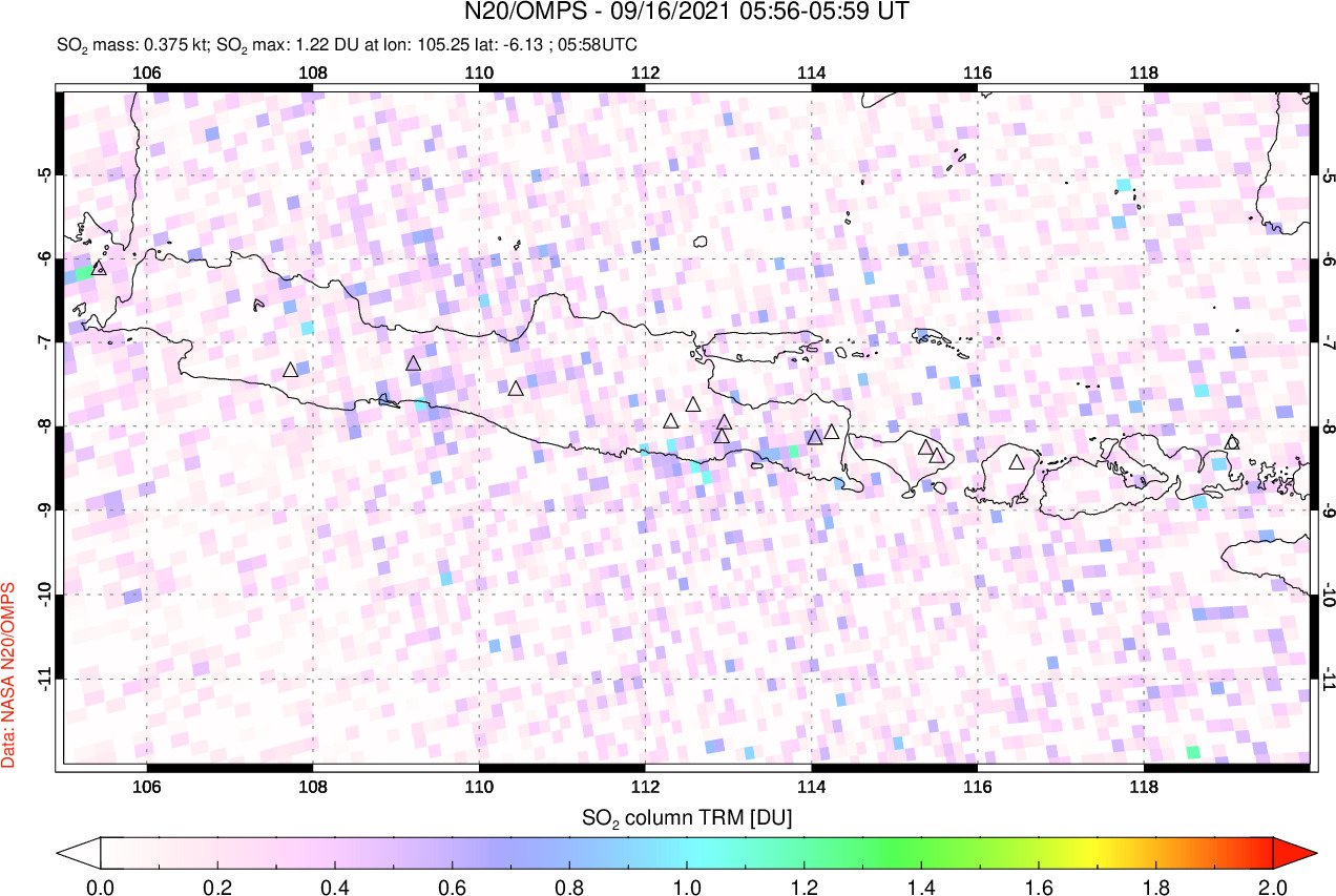 A sulfur dioxide image over Java, Indonesia on Sep 16, 2021.