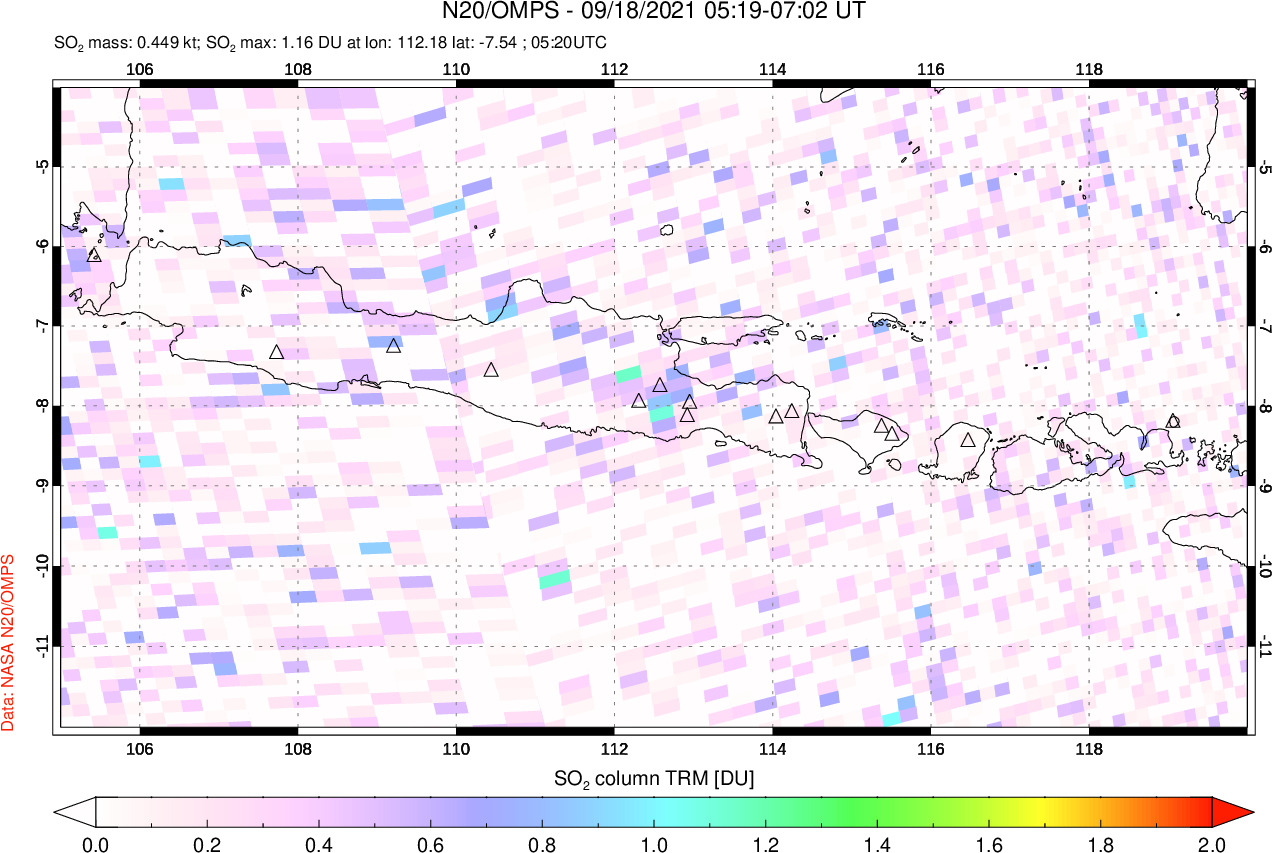 A sulfur dioxide image over Java, Indonesia on Sep 18, 2021.