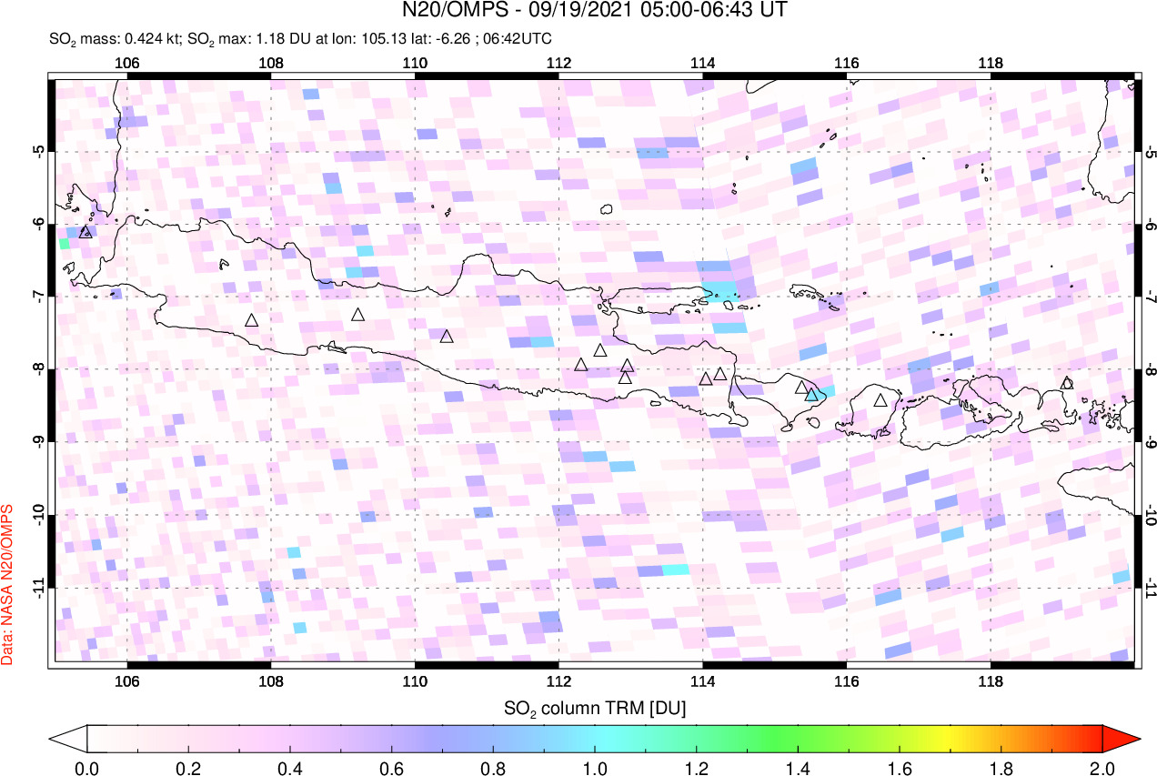 A sulfur dioxide image over Java, Indonesia on Sep 19, 2021.