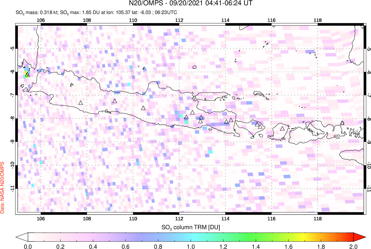 A sulfur dioxide image over Java, Indonesia on Sep 20, 2021.