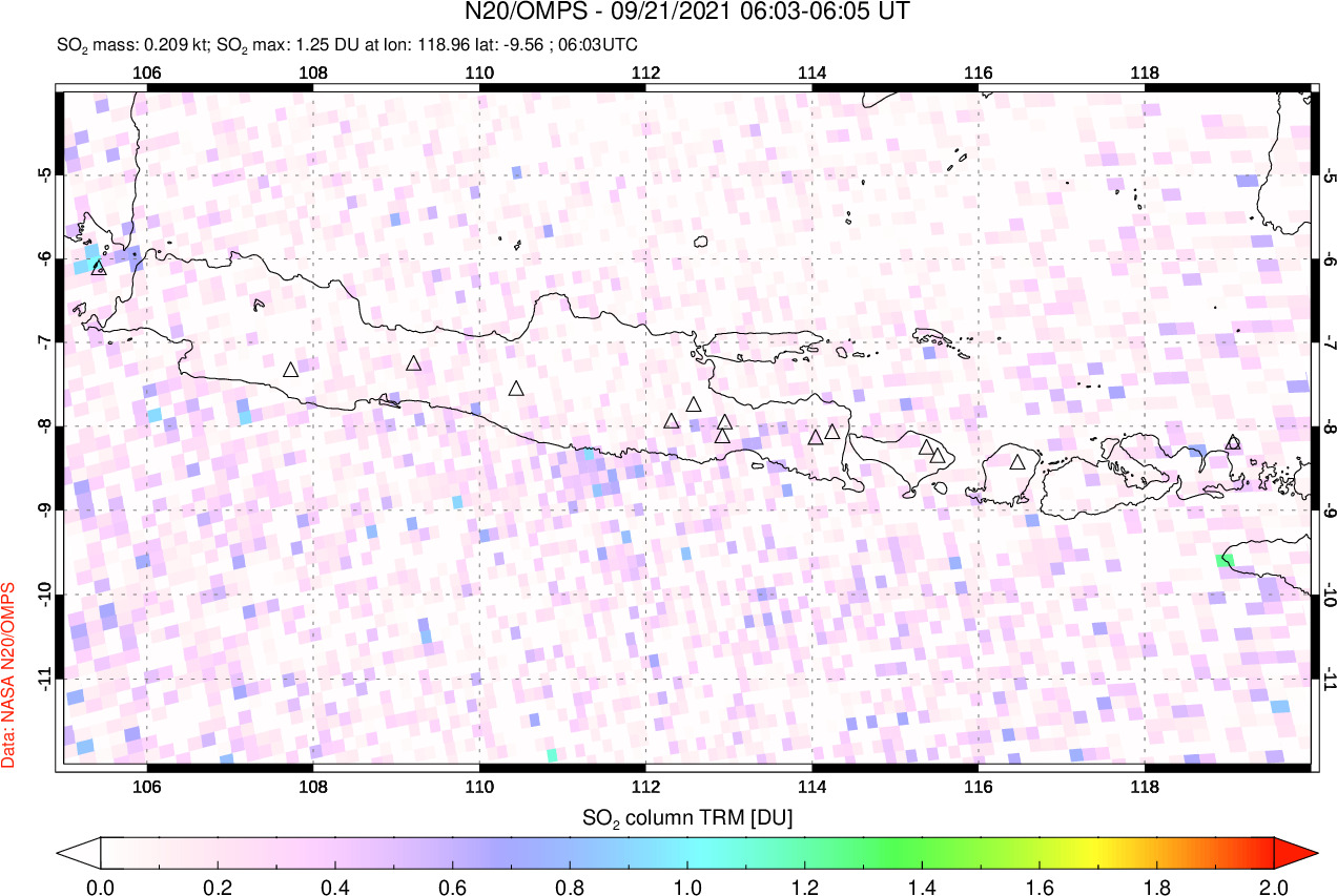 A sulfur dioxide image over Java, Indonesia on Sep 21, 2021.
