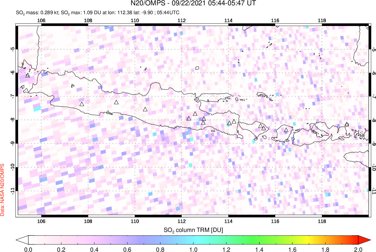 A sulfur dioxide image over Java, Indonesia on Sep 22, 2021.