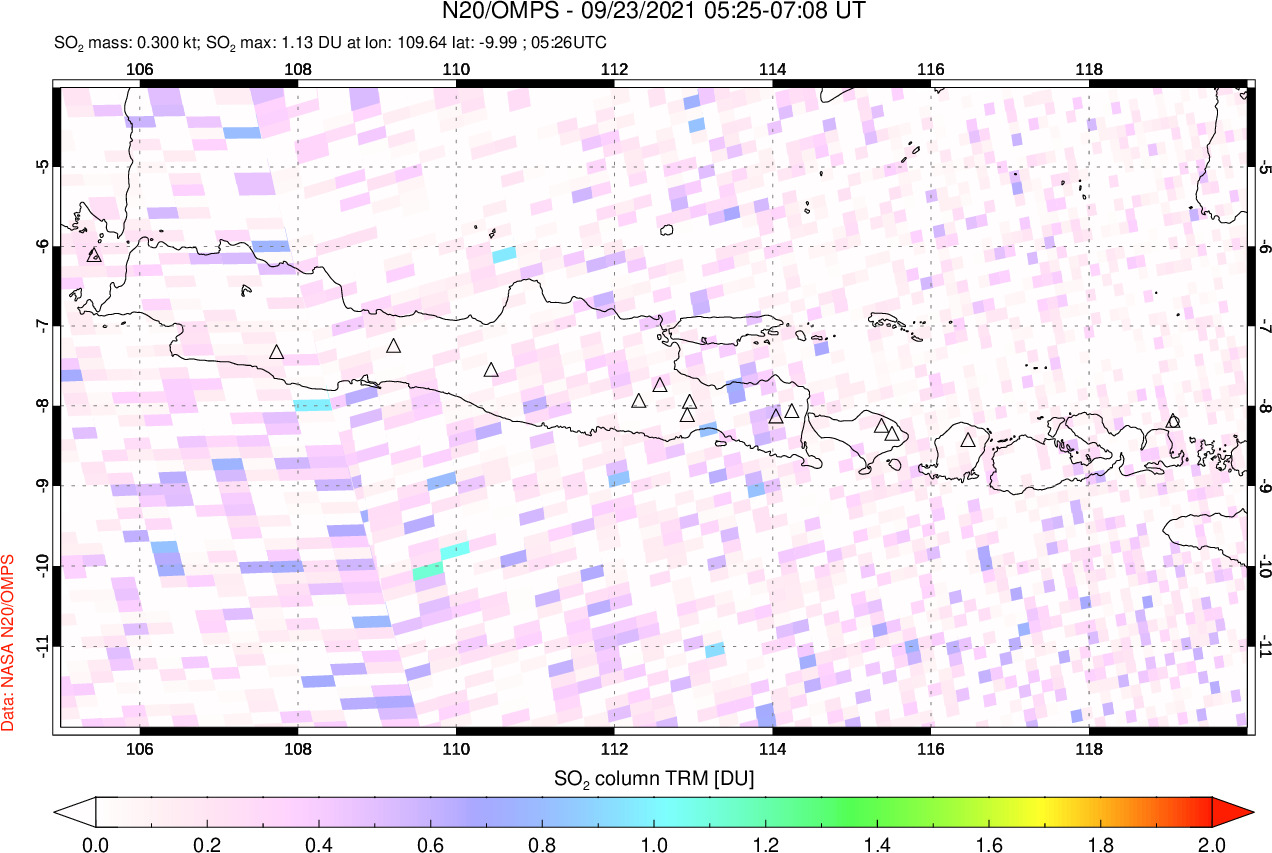 A sulfur dioxide image over Java, Indonesia on Sep 23, 2021.