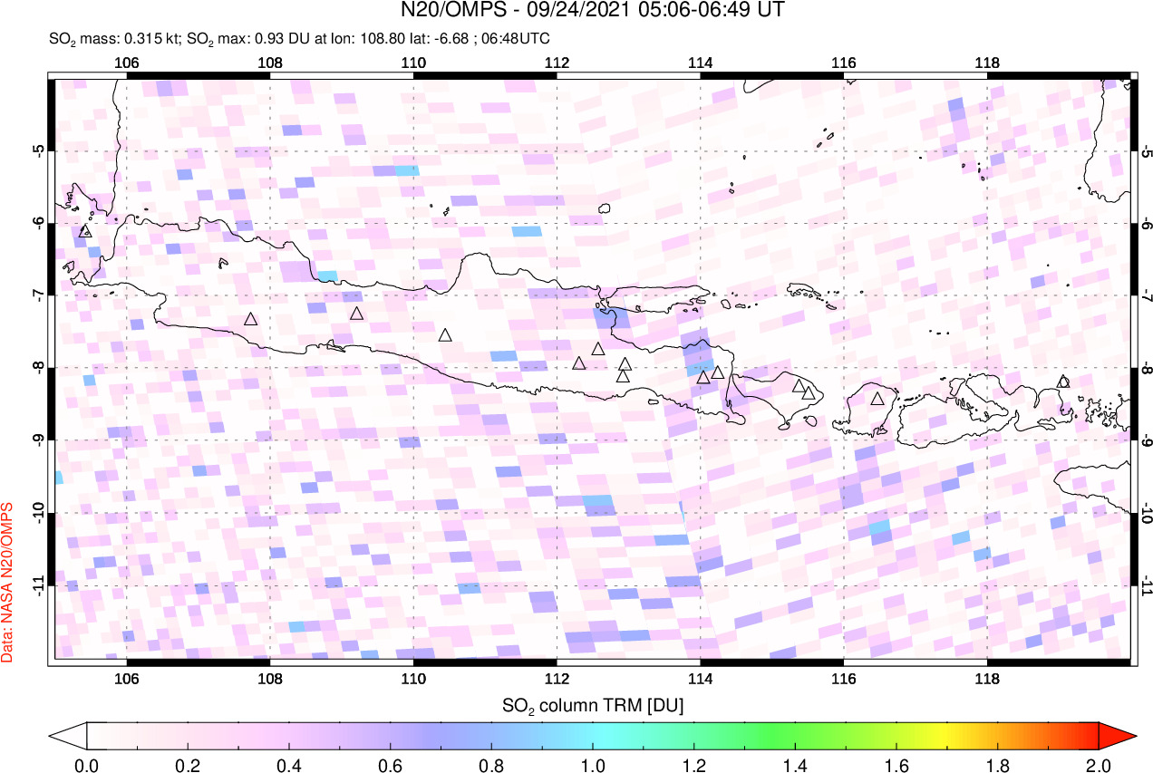 A sulfur dioxide image over Java, Indonesia on Sep 24, 2021.