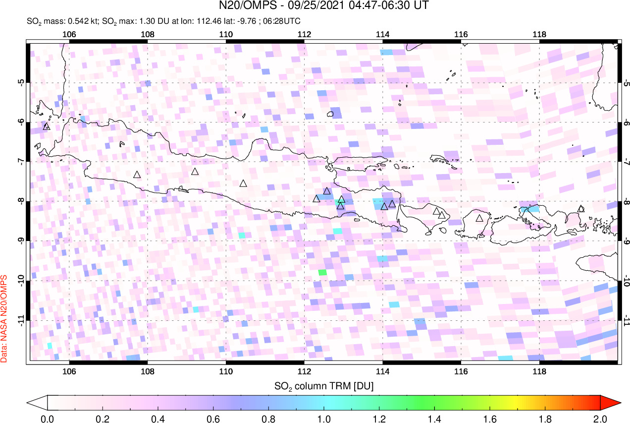 A sulfur dioxide image over Java, Indonesia on Sep 25, 2021.