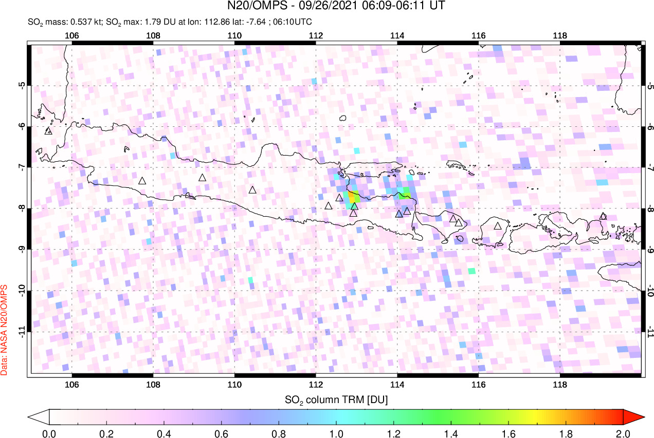 A sulfur dioxide image over Java, Indonesia on Sep 26, 2021.