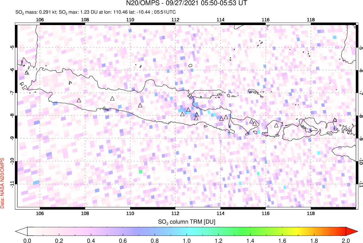 A sulfur dioxide image over Java, Indonesia on Sep 27, 2021.