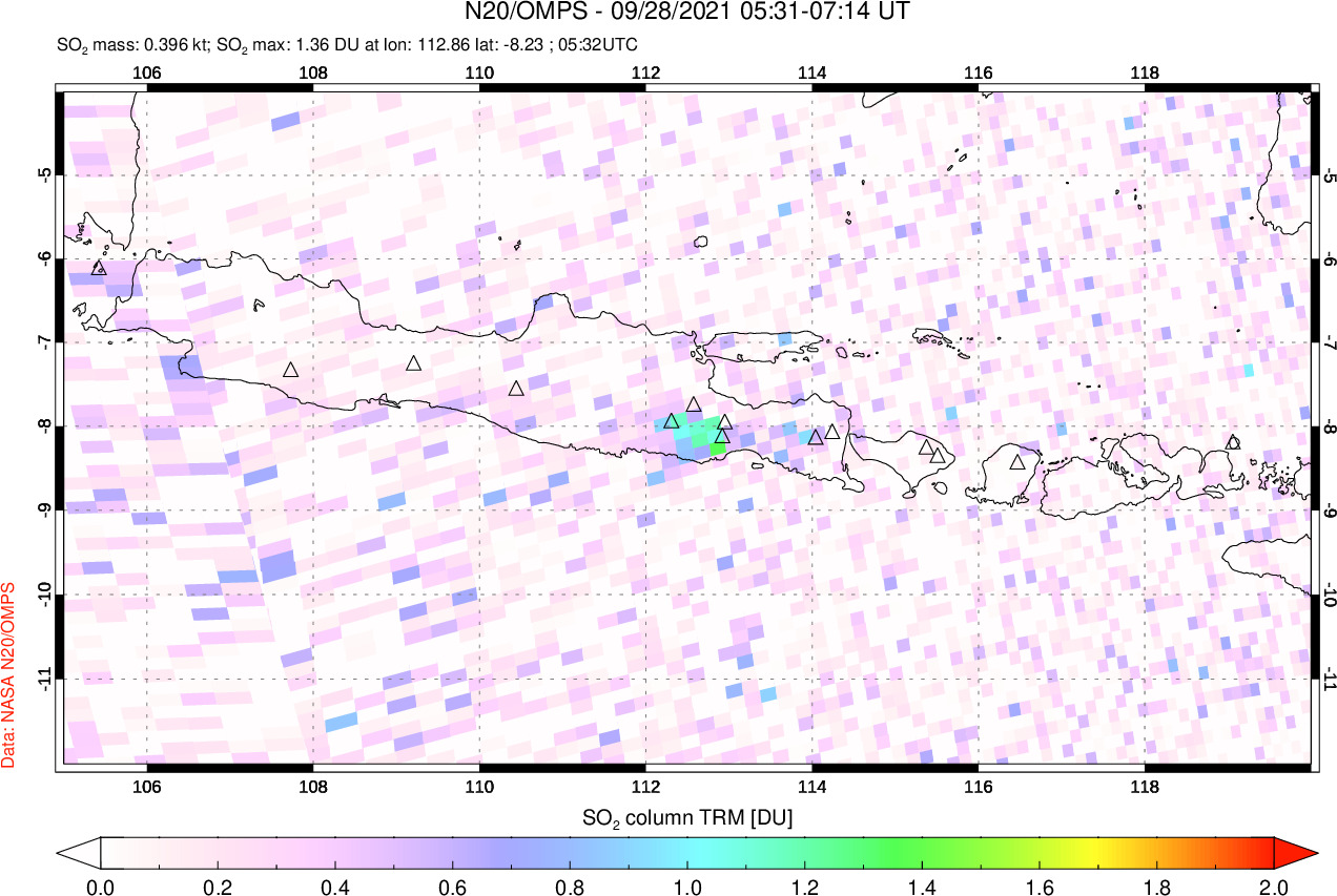 A sulfur dioxide image over Java, Indonesia on Sep 28, 2021.