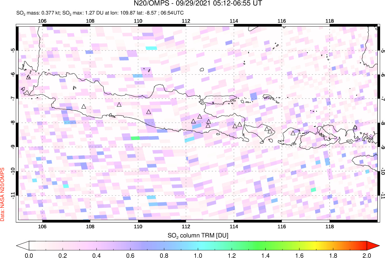 A sulfur dioxide image over Java, Indonesia on Sep 29, 2021.