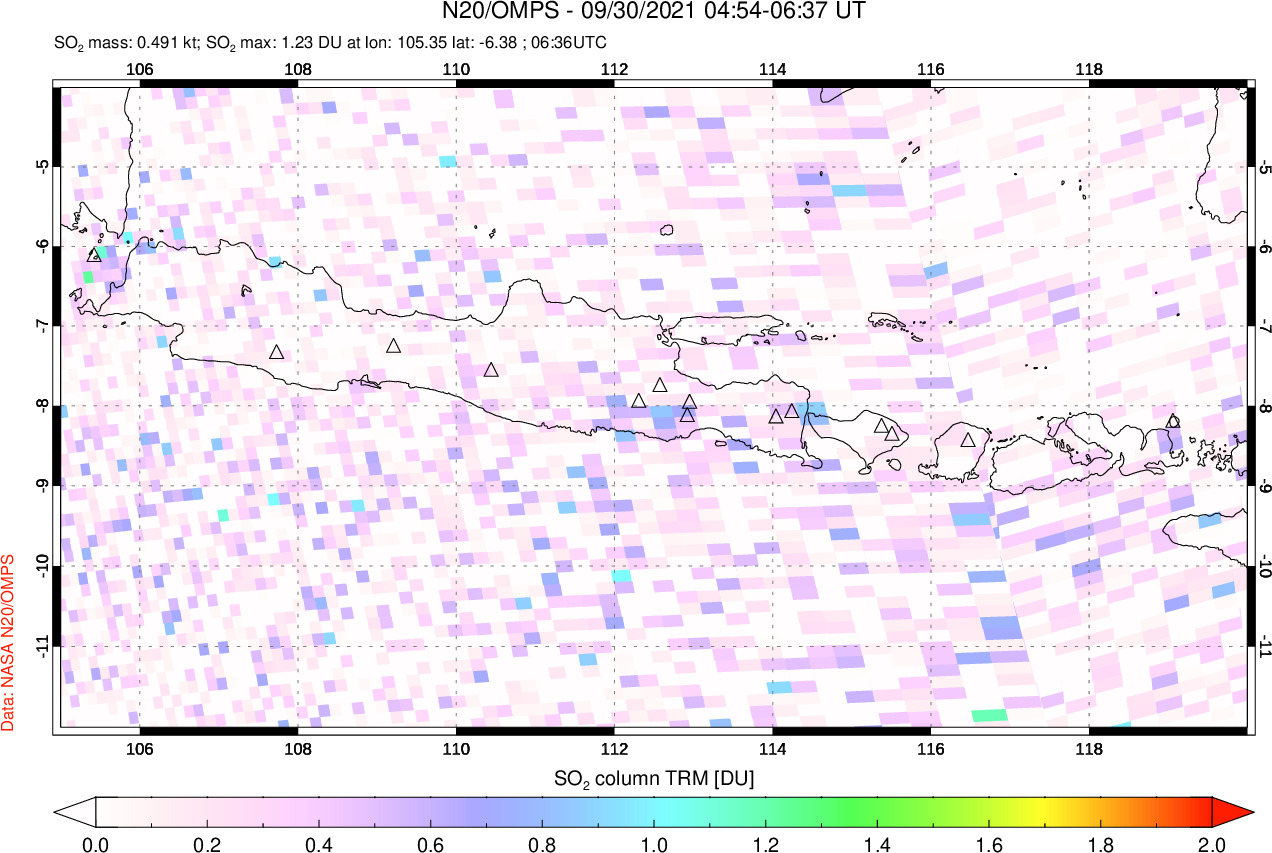 A sulfur dioxide image over Java, Indonesia on Sep 30, 2021.
