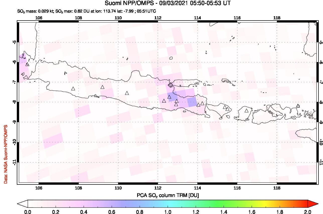 A sulfur dioxide image over Java, Indonesia on Sep 03, 2021.