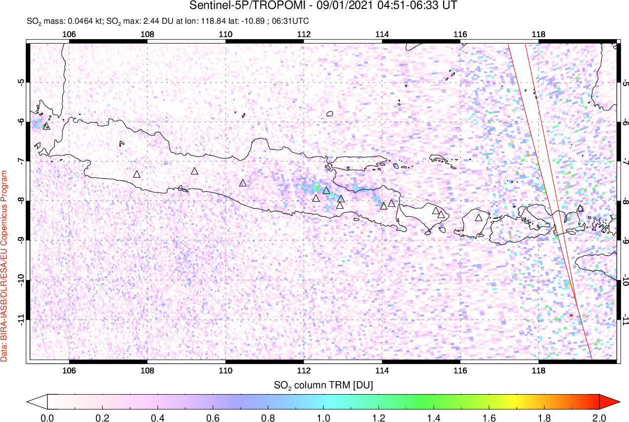 A sulfur dioxide image over Java, Indonesia on Sep 01, 2021.