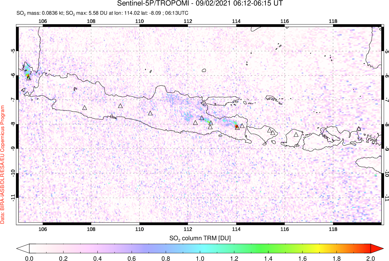 A sulfur dioxide image over Java, Indonesia on Sep 02, 2021.