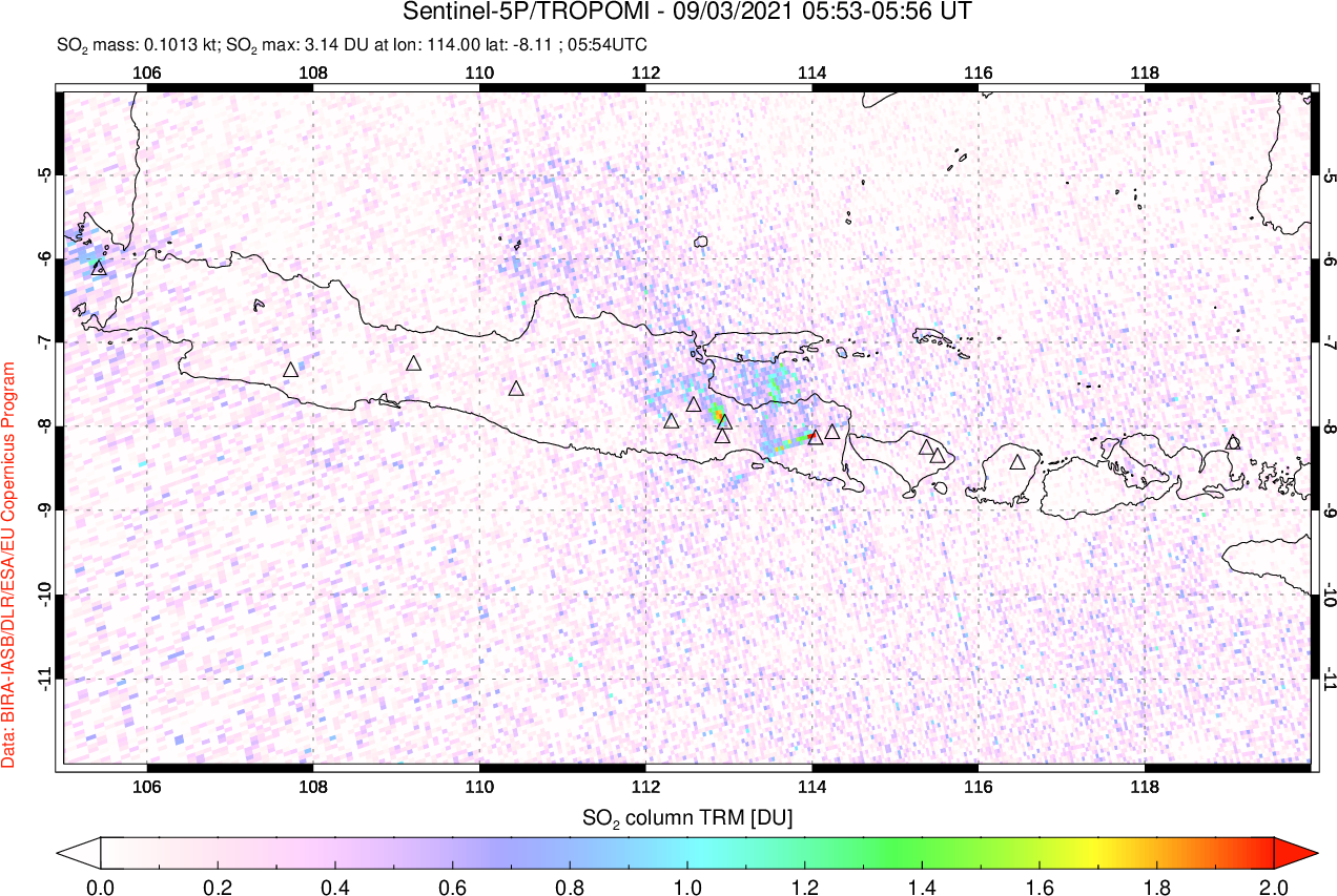A sulfur dioxide image over Java, Indonesia on Sep 03, 2021.