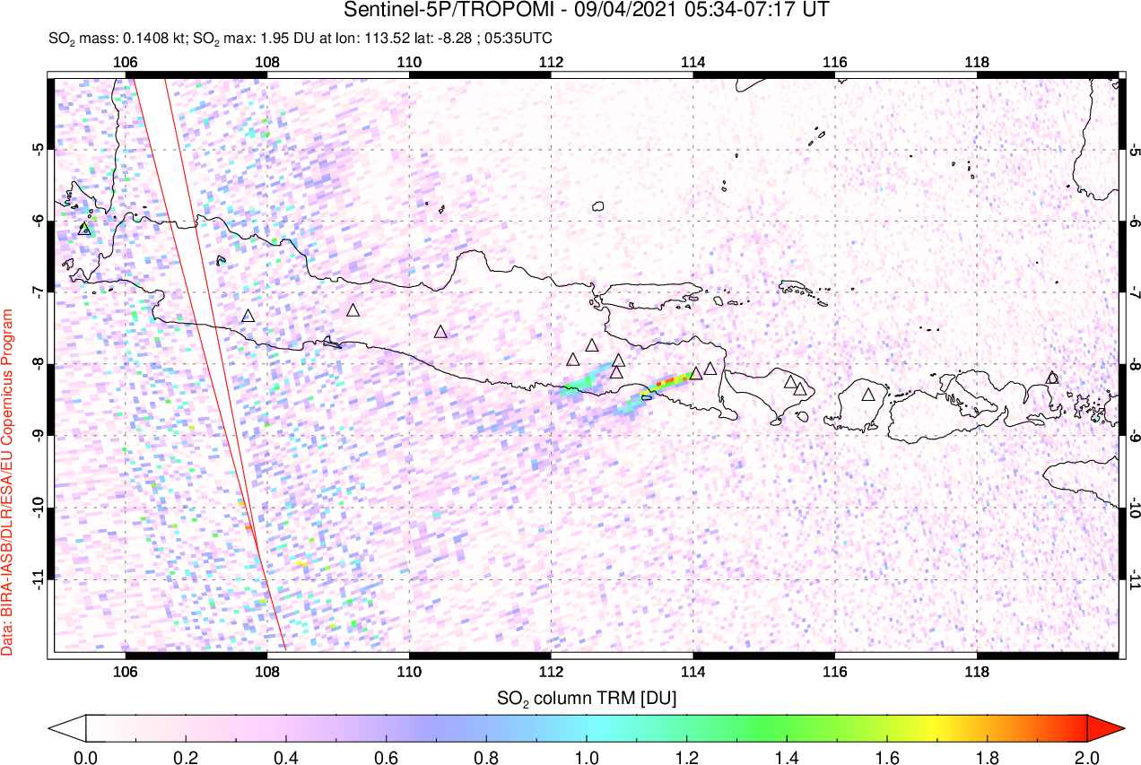 A sulfur dioxide image over Java, Indonesia on Sep 04, 2021.