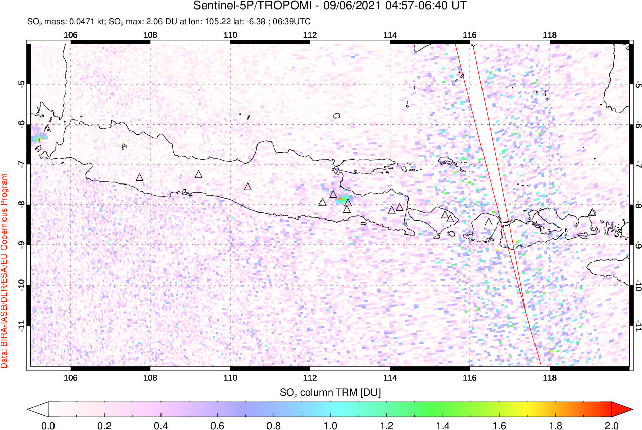 A sulfur dioxide image over Java, Indonesia on Sep 06, 2021.