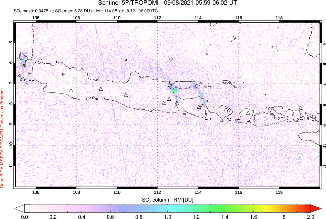 A sulfur dioxide image over Java, Indonesia on Sep 08, 2021.