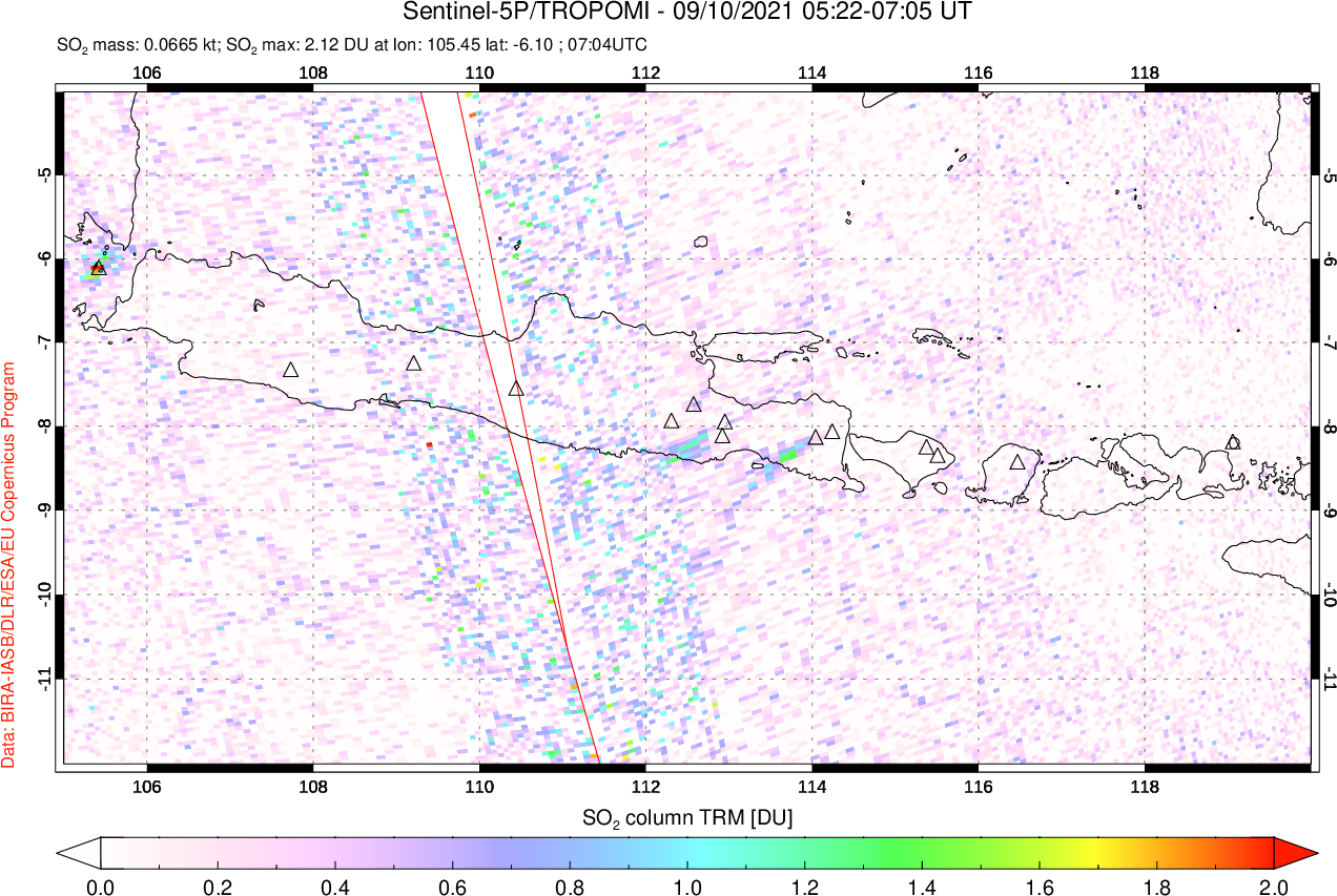A sulfur dioxide image over Java, Indonesia on Sep 10, 2021.