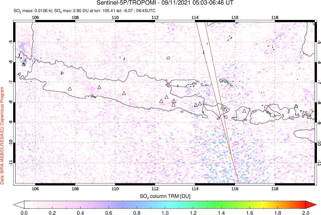 A sulfur dioxide image over Java, Indonesia on Sep 11, 2021.