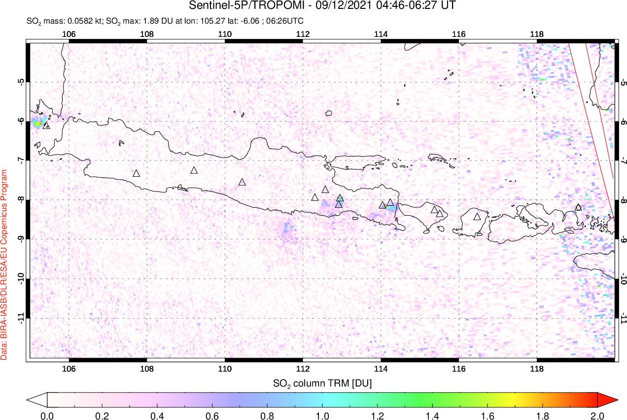 A sulfur dioxide image over Java, Indonesia on Sep 12, 2021.