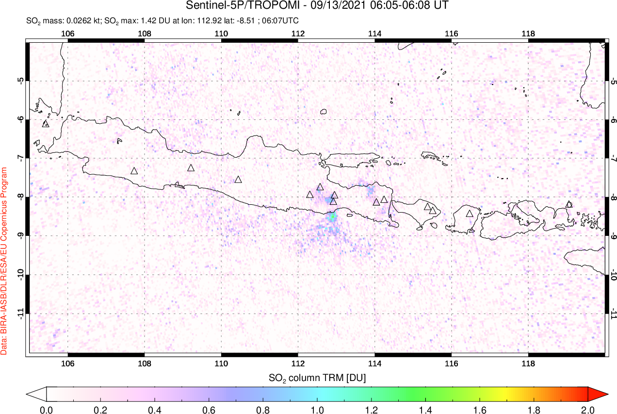 A sulfur dioxide image over Java, Indonesia on Sep 13, 2021.