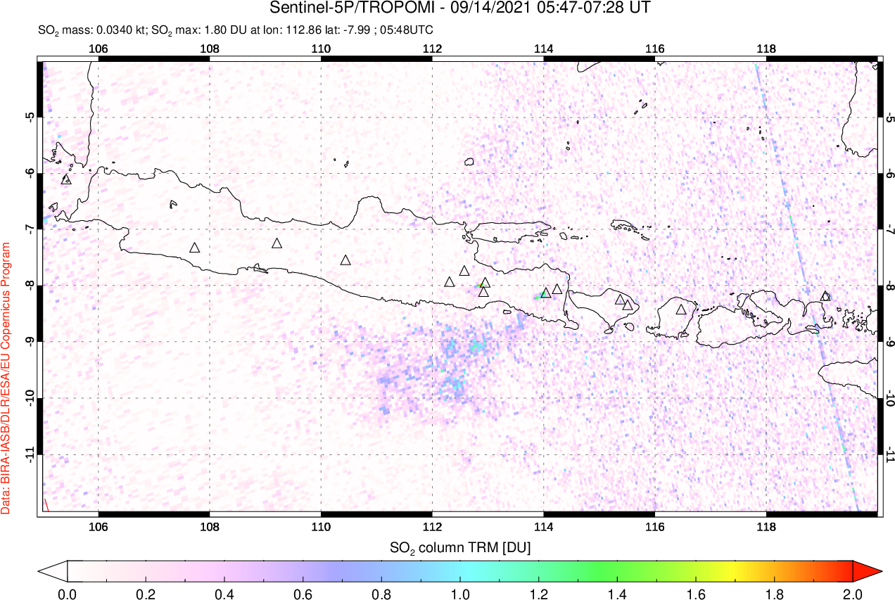A sulfur dioxide image over Java, Indonesia on Sep 14, 2021.
