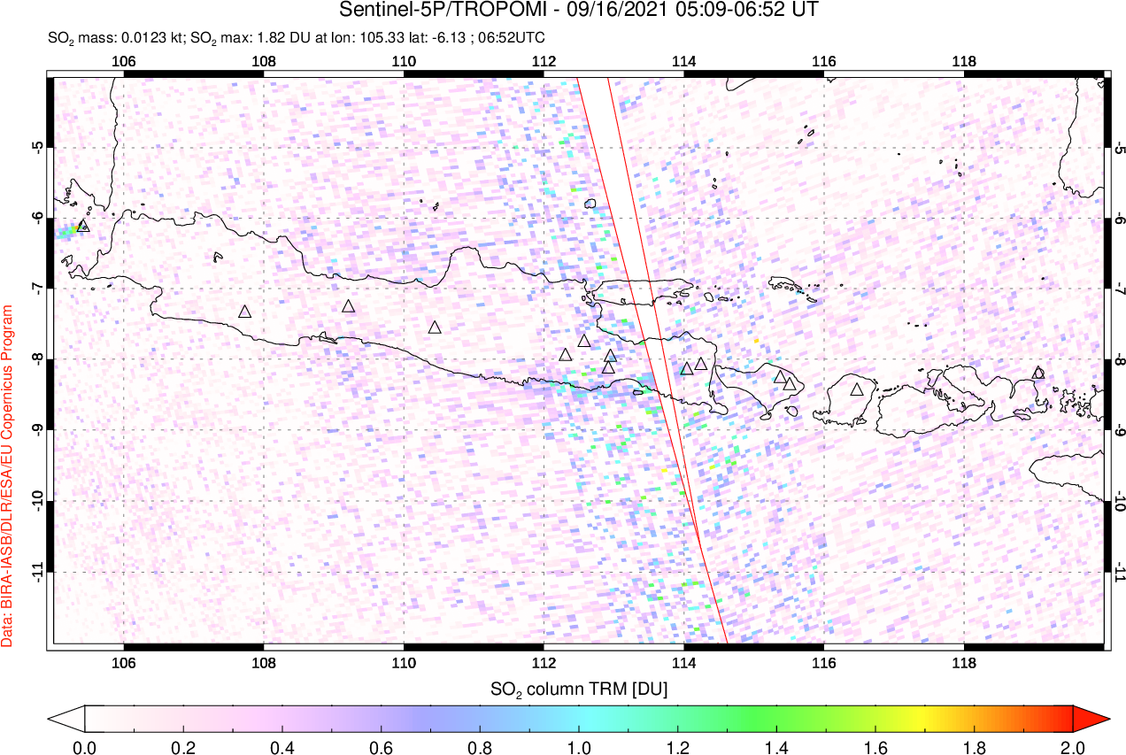 A sulfur dioxide image over Java, Indonesia on Sep 16, 2021.