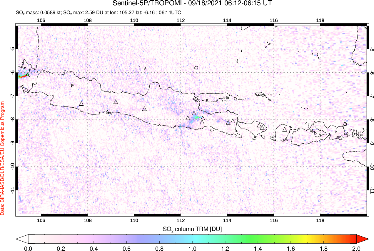 A sulfur dioxide image over Java, Indonesia on Sep 18, 2021.