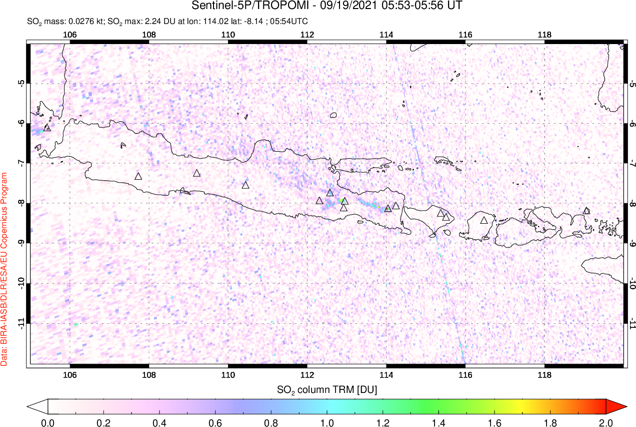A sulfur dioxide image over Java, Indonesia on Sep 19, 2021.