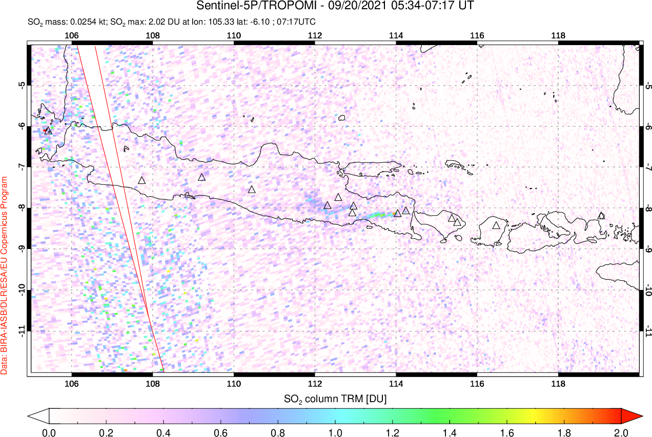 A sulfur dioxide image over Java, Indonesia on Sep 20, 2021.