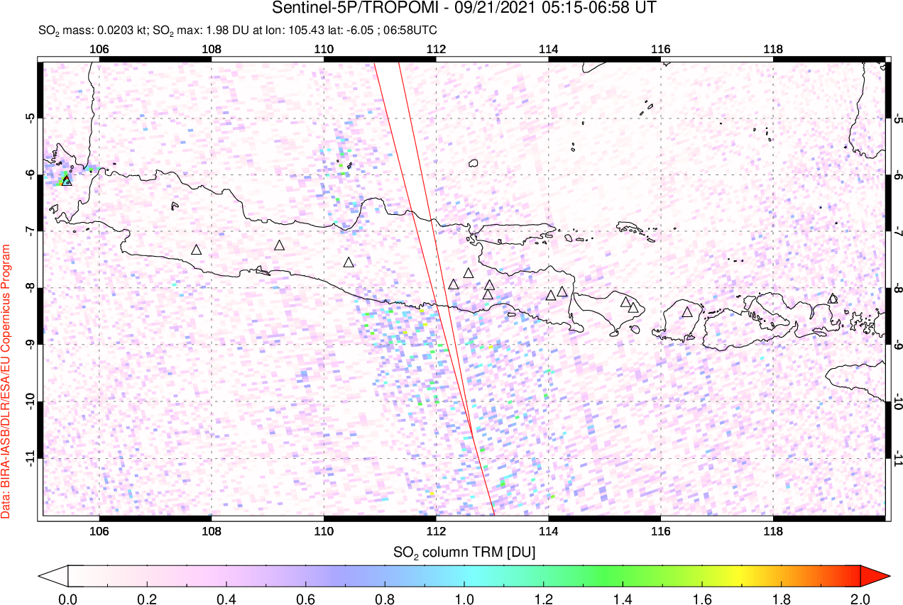 A sulfur dioxide image over Java, Indonesia on Sep 21, 2021.