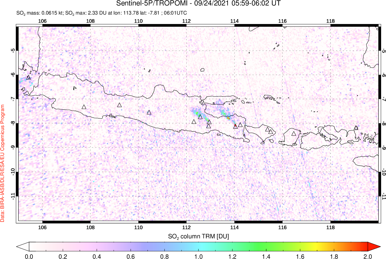 A sulfur dioxide image over Java, Indonesia on Sep 24, 2021.