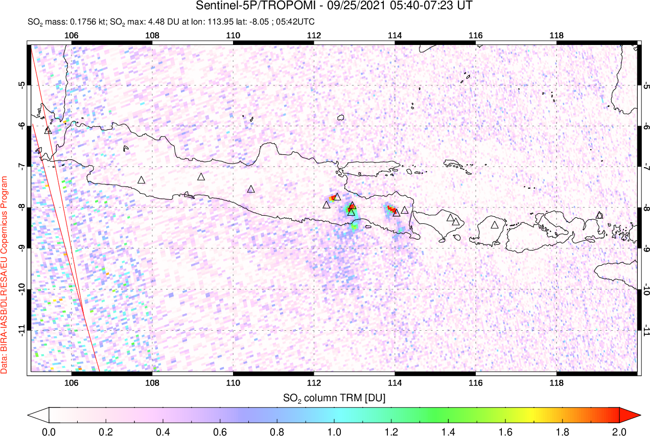 A sulfur dioxide image over Java, Indonesia on Sep 25, 2021.