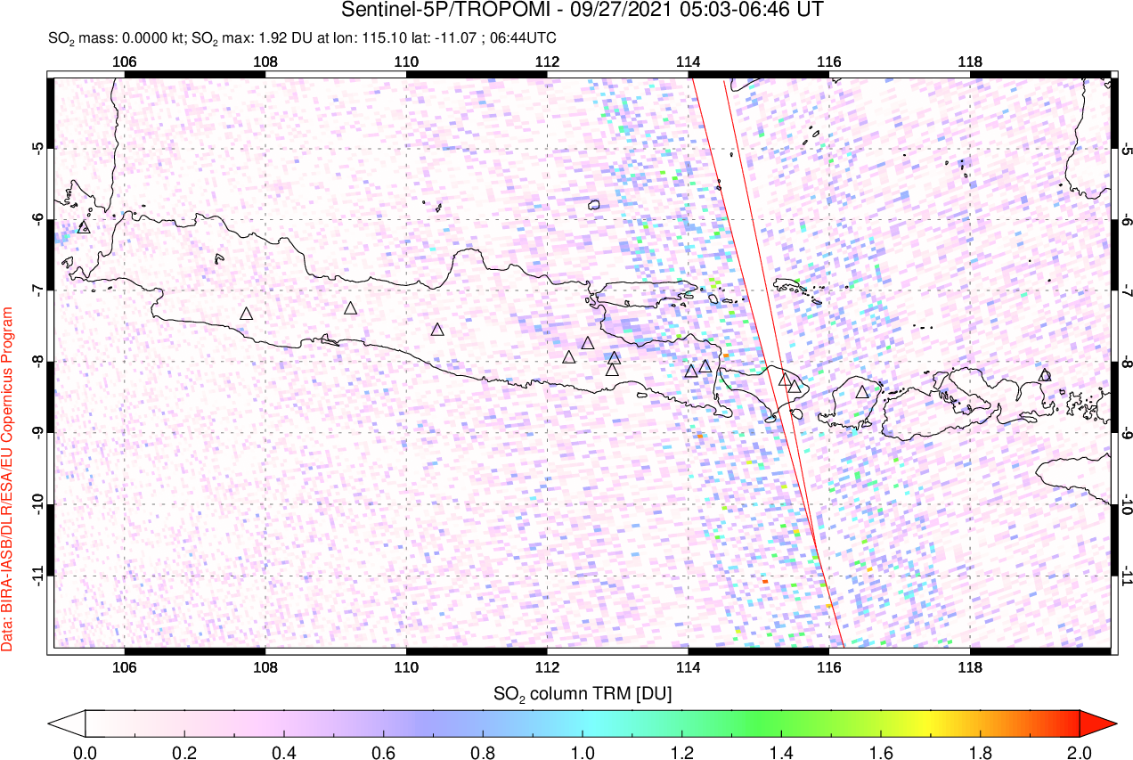 A sulfur dioxide image over Java, Indonesia on Sep 27, 2021.