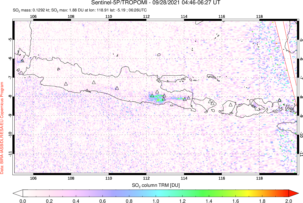 A sulfur dioxide image over Java, Indonesia on Sep 28, 2021.