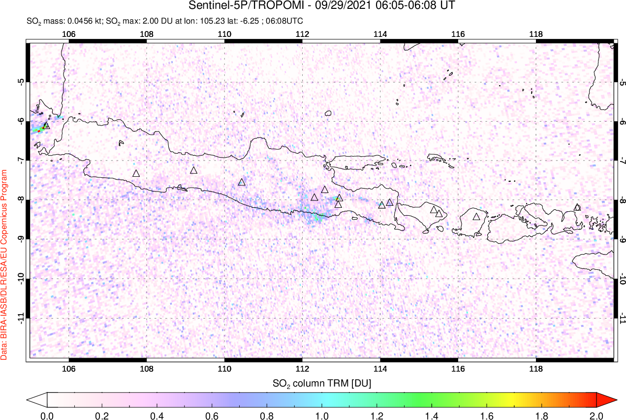 A sulfur dioxide image over Java, Indonesia on Sep 29, 2021.