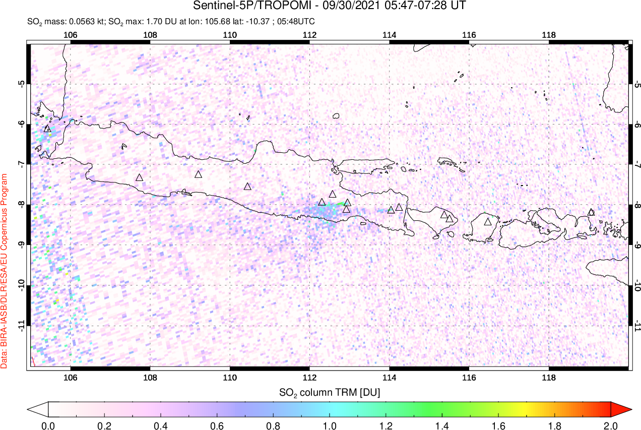 A sulfur dioxide image over Java, Indonesia on Sep 30, 2021.