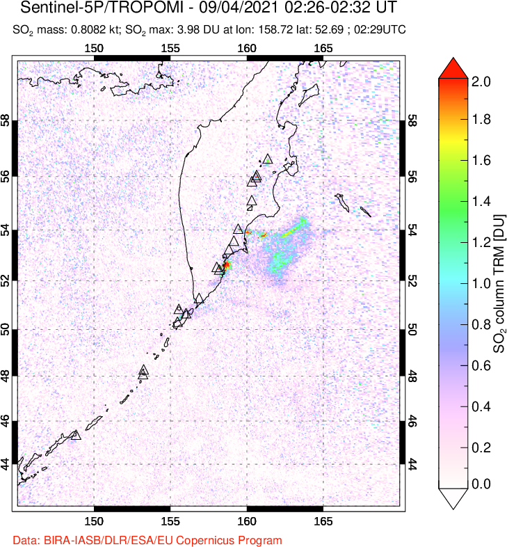 A sulfur dioxide image over Kamchatka, Russian Federation on Sep 04, 2021.
