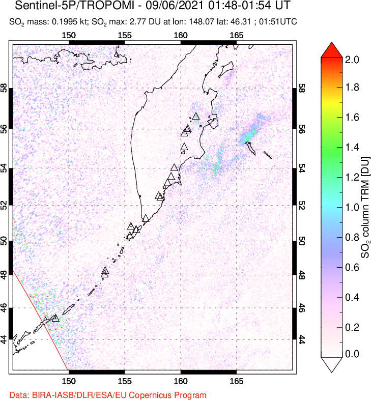 A sulfur dioxide image over Kamchatka, Russian Federation on Sep 06, 2021.